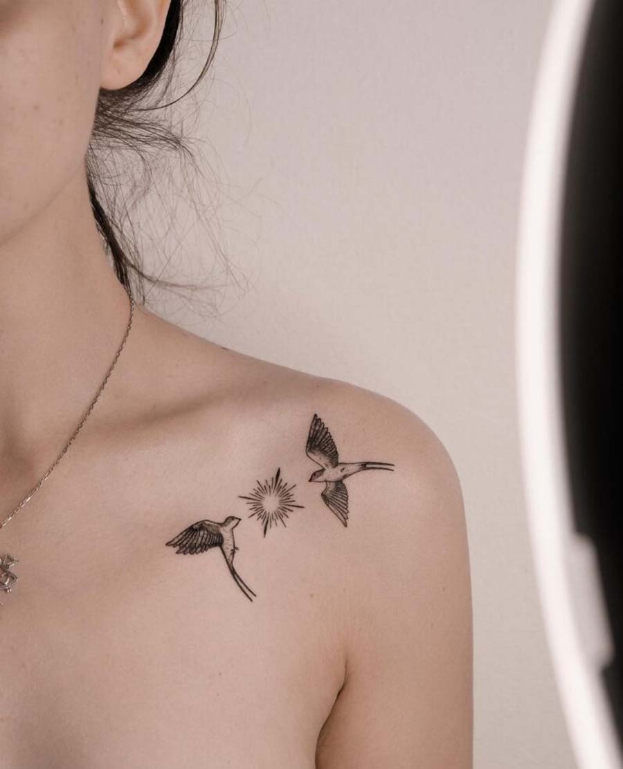 Delicate Bird and Sun Shoulder Tattoo