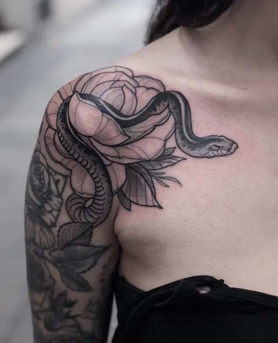 Floral Snake Shoulder Tattoo