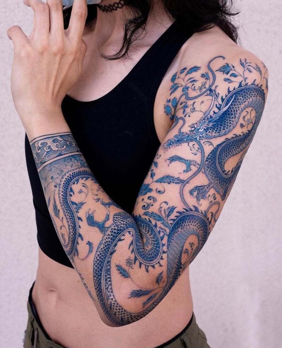 Porcelain Blue Shoulder Tattoo